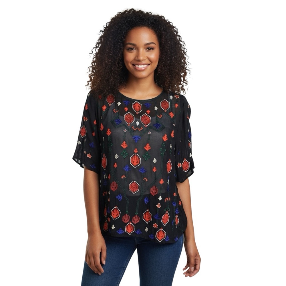 Lucky Brand Embroidered Sheer Top